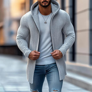 Modische Herren-Strickjacke mit Kapuze, einfarbig, gestreift, langen Ärmeln und mittlerer Länge
