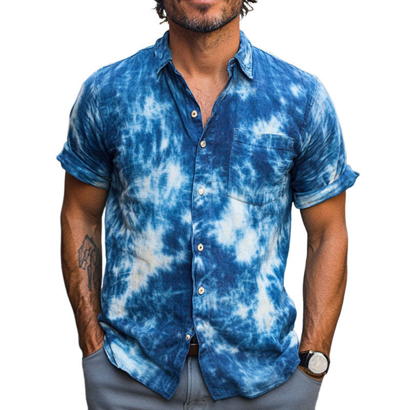 Camisa informal de manga corta de algodón teñido anudado azul de verano para hombre