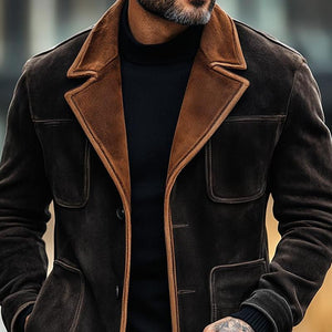 Herren-Blazerjacke aus Wildleder mit Farbblock-Muster und Revers, mehreren Taschen und einer Reihreihe