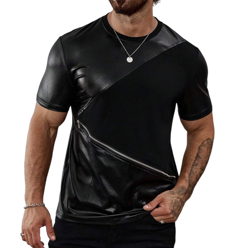 Camiseta de manga corta con cuello redondo y cremallera de patchwork de color liso para hombre