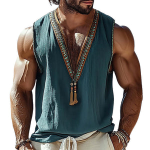 Camiseta sin mangas bordada vintage con cuello en V de verano para hombre