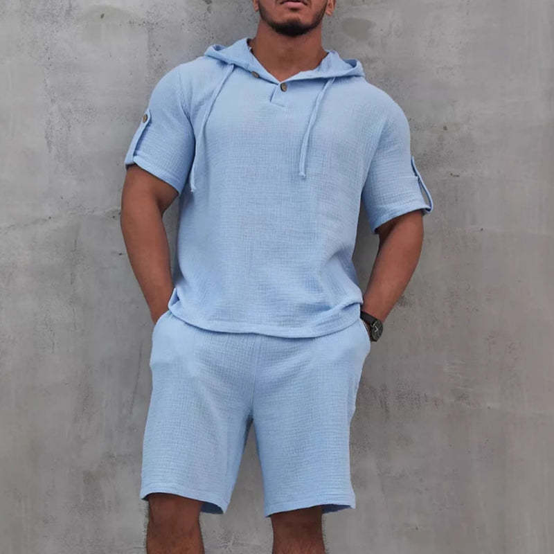Men's Cotton And Linen Solid Color Short-Sleeved Shorts Two-Piece Set