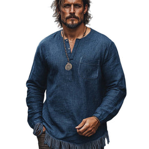 Men's Vintage Navy Blue Small V-Neck Cotton And Linen Tassel Casual T-Shirt