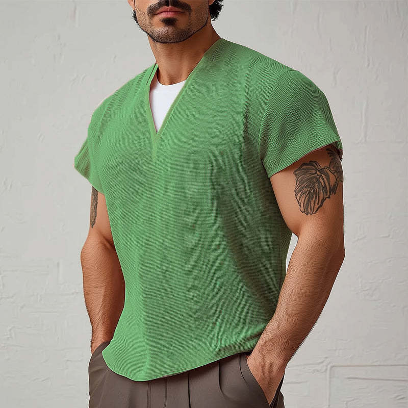 Herren Sommer Basic V-Ausschnitt Strukturiertes Kurzarm T-Shirt