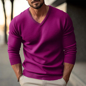 Men's Solid Color V-neck Long-sleeved Knitted Pullover Sweater