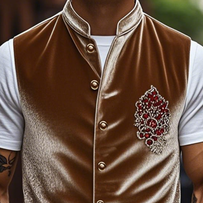 Chaleco de cuello alto ajustado de terciopelo bordado retro de moda de primavera para hombre