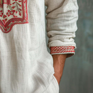 Camisa informal de manga larga con cuello abierto y bordado para hombre