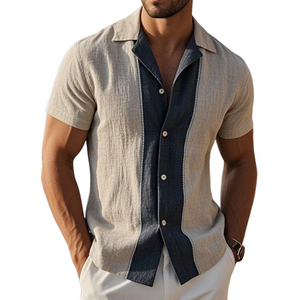 Men's Retro Casual Linen Striped Colorblock Printed Lapel Short Sleeve Shirt