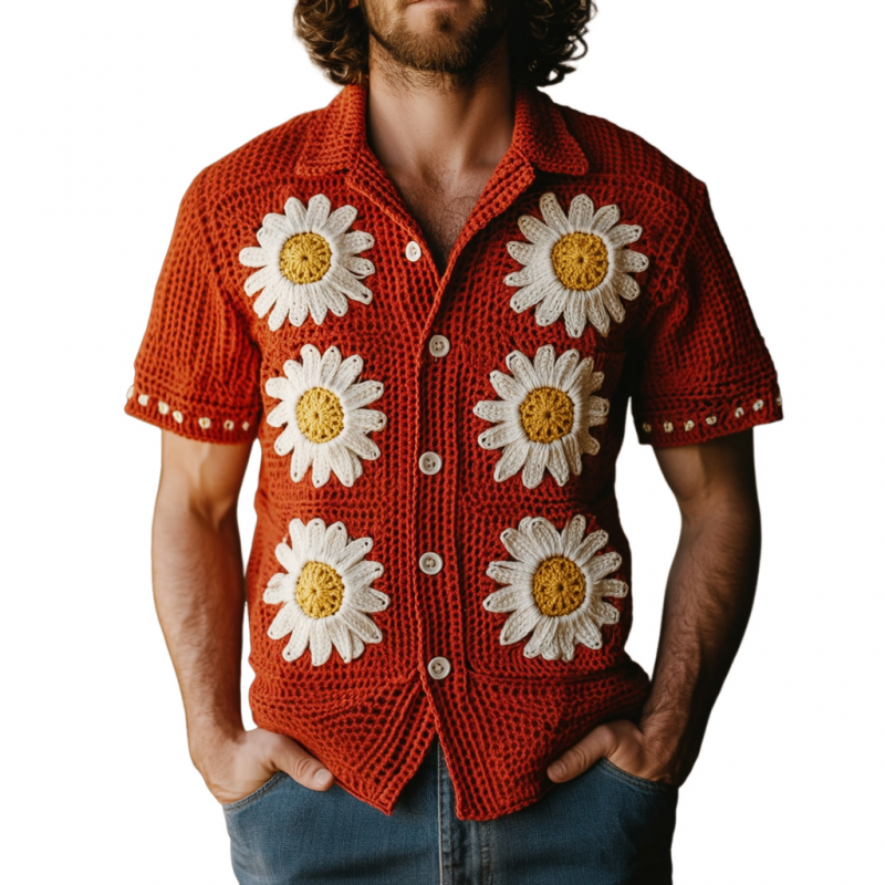 Men's Casual Lapel Single Breasted Daisy Embroidery Knitted Short Sleeve Cardigan