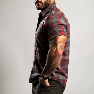 Camisa de manga corta con solapa y estampado a cuadros estilo retro informal para hombre