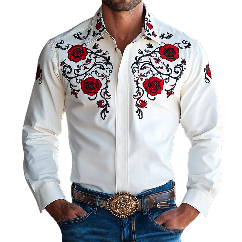 Men's Vintage Embroidered Lapel Long Sleeve Shirt