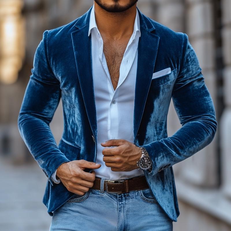 Men's Fashion Solid Velvet Notch Lapel Two Buttons Casual Blazer