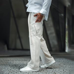 Men's Solid Cotton And Linen Mid Waist Straight Casual Pants