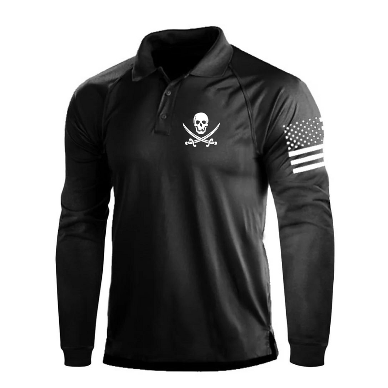 SKULL PRINT RAGLAN LONG SLEEVE POLO SHIRT