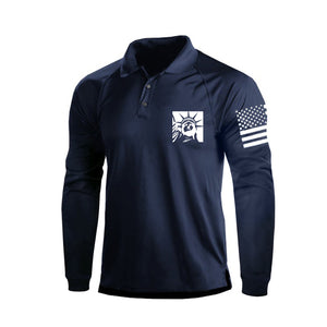 Langarm-Poloshirt mit 1/4-Knopf-Raglan-Motiv und Freiheitsstatue