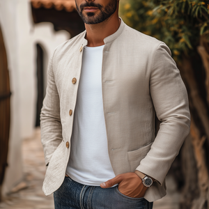 Chaqueta clásica de algodón y lino con cuello alto, estilo retro e informal, para hombre, primavera