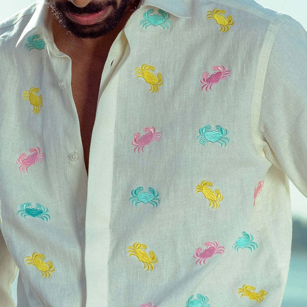 Men's Embroidered Fun Crab Pattern Long Sleeve Shirt