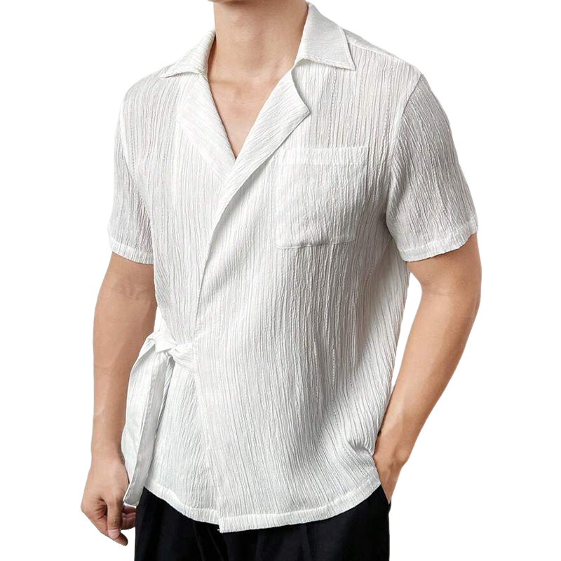 Camisa informal de manga corta con solapa y pliegues para hombre, de moda de primavera y verano