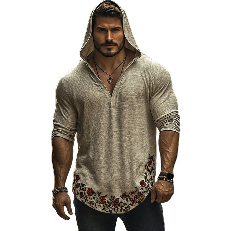 Herren Retro Casual Besticktes Langarm-T-Shirt mit Kapuze