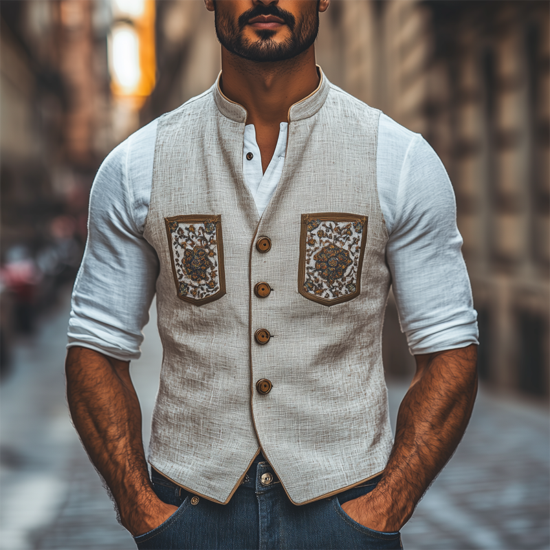 Chaleco ajustado de ramio bordado con cuello alto retro de moda de primavera para hombre