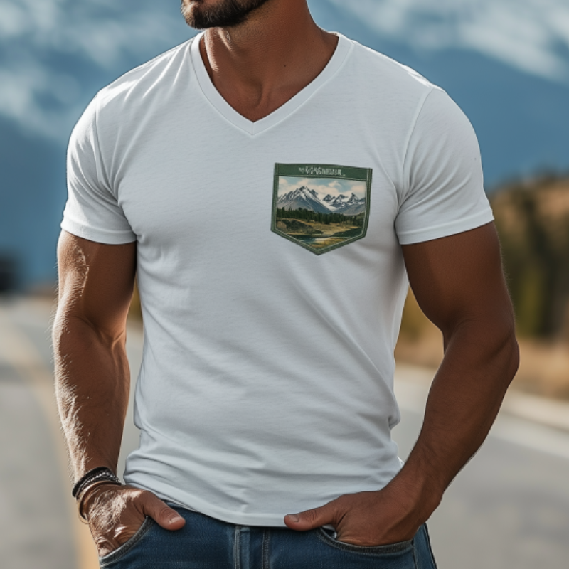 Camiseta informal de manga corta de algodón con cuello en V y bolsillo de la serie Yellowstone para hombre
