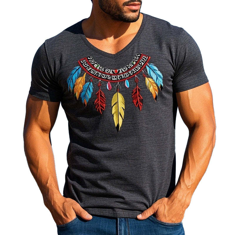 Men's Cotton Blend Feather Embroidered Short Sleeve T-Shirt