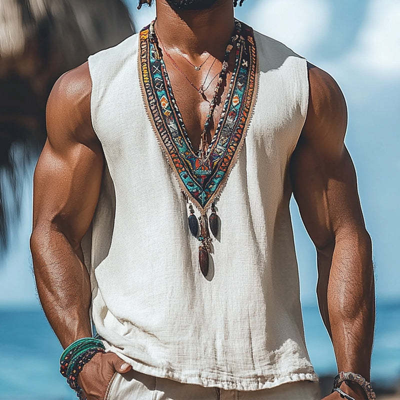 Men's Summer Retro Deep V Neck Cotton And Linen Embroidered Tank Top