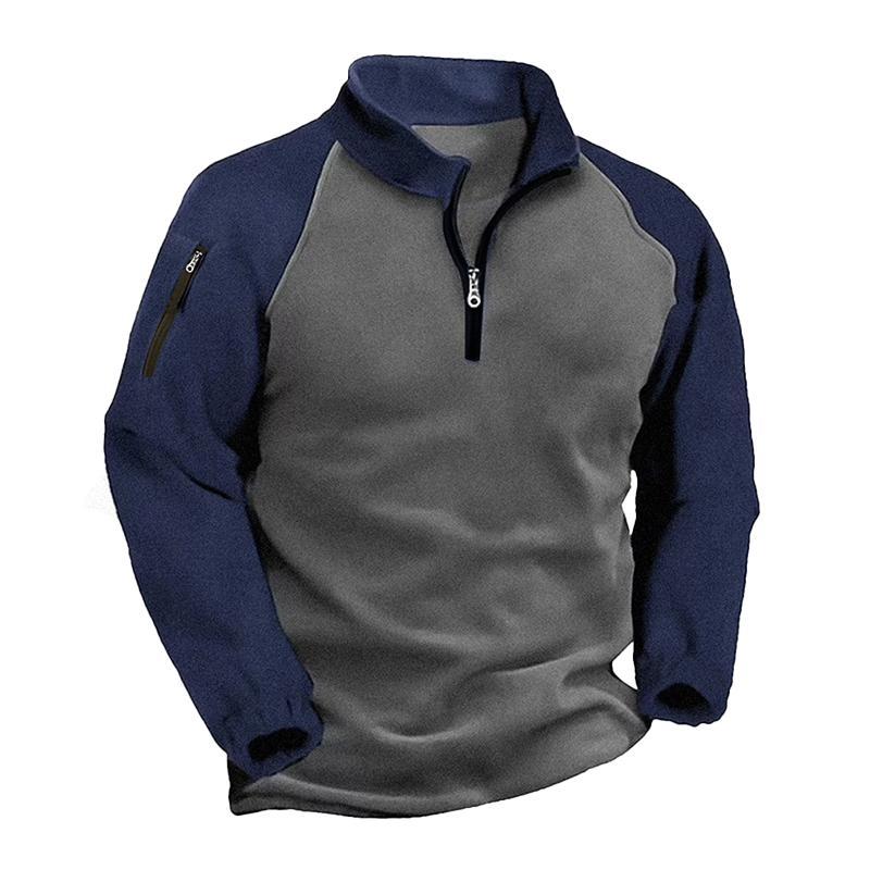 Men's Outdoor Plush Warm Colorblock Stand Collar Long Sleeve Sweatshirt