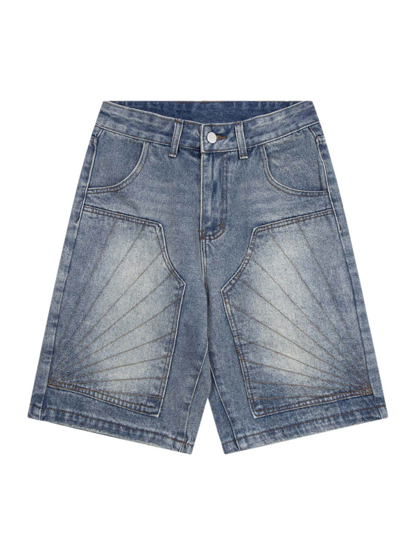 Washed Distressed Topstitch Denim Jorts