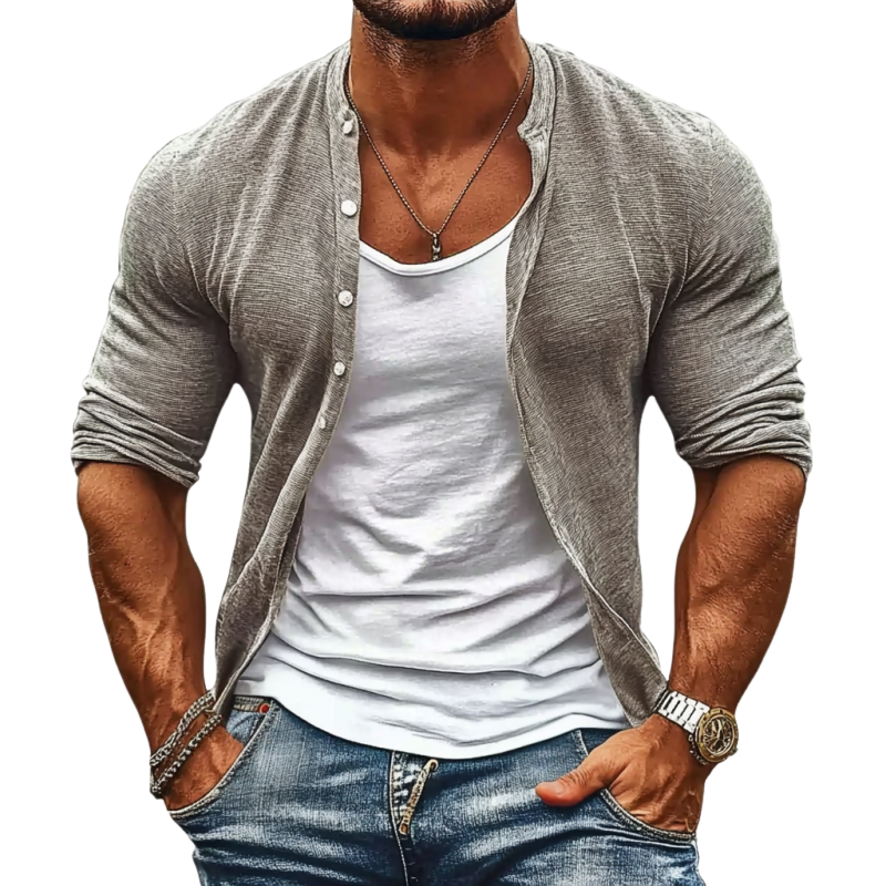 Lässiger, bequemer Herren-Cardigan aus Baumwolle mit Stehkragen, einreihig, langärmelig