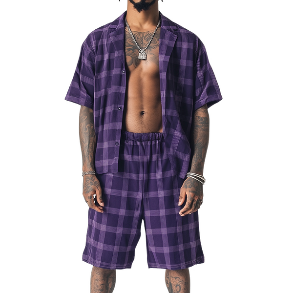 Conjunto de dos piezas de camisa deportiva informal de lino con estampado de cuadros para hombre