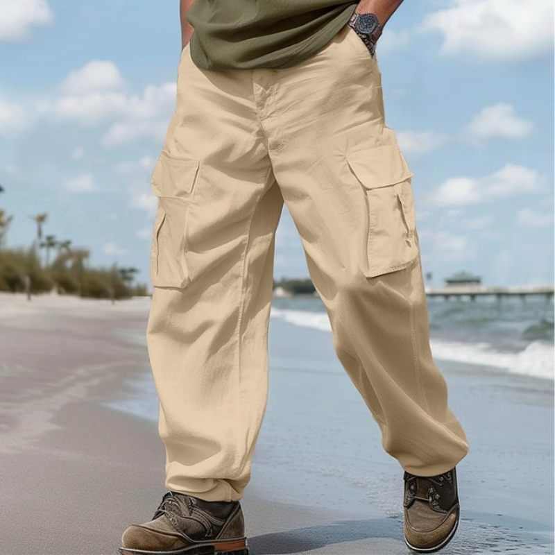 Pantalones cargo casuales de lino y algodón para hombre, holgados, con múltiples bolsillos