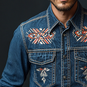 Camisa vaquera de manga larga con solapa y estampado étnico estilo retro informal para hombre