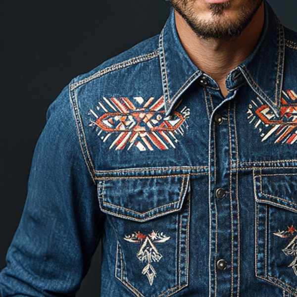 Men's Retro Casual Ethnic Style Printed Denim Lapel Long Sleeve Shirt