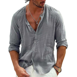 Camisa informal de algodón y lino para hombre, con cuello alto, manga larga y botonadura sencilla