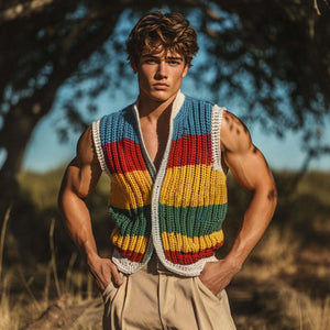 Lässige, bunt gestreifte einreihige Strickweste für Herren mit V-Ausschnitt