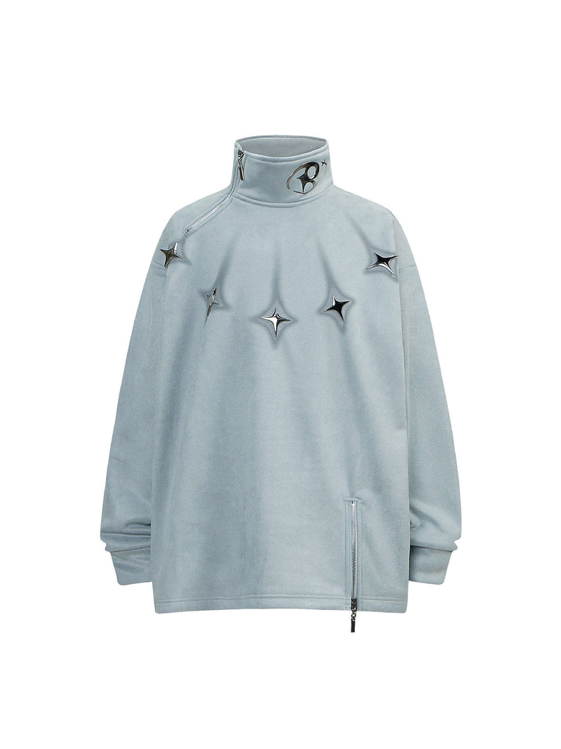 Metal Button Multi Zipper Suede Fleece Sweatshirt