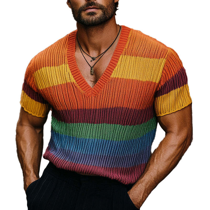Camiseta de manga corta con cuello en V y punto arcoíris para hombre 