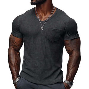 Camiseta informal de algodón acanalado para hombre, cuello en V, corte entallado y manga corta