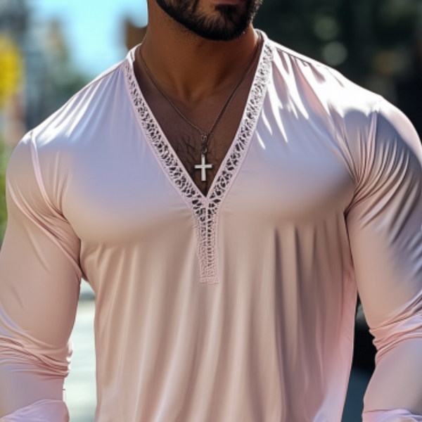 Herrenmode Lässiges, sexy T-Shirt mit tiefem V-Ausschnitt und langen Ärmeln aus Spitze und Satin