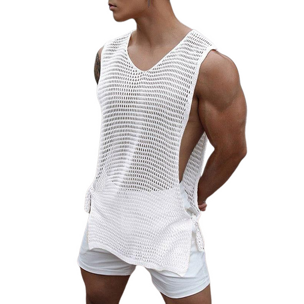 Camiseta sin mangas de punto transpirable, hueca, con cuello redondo, informal, para hombre