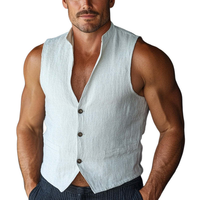 Chaleco de algodón y lino blanco puro con cuello alto y tres botones para hombre