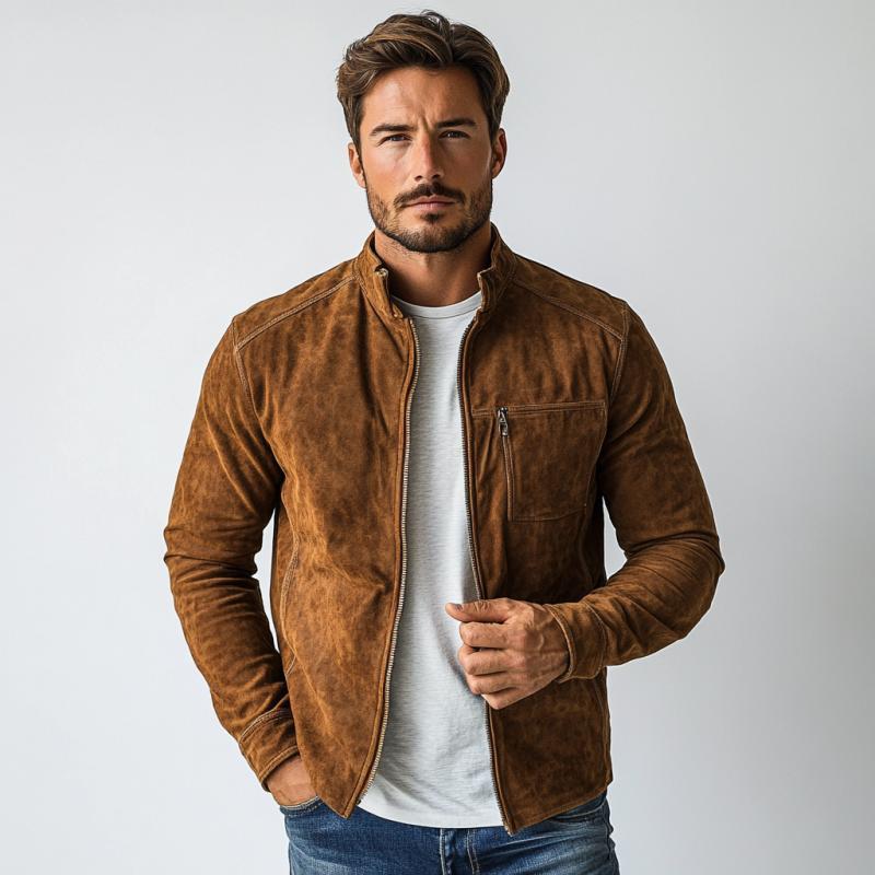 Herrenmode Lässige Wildlederjacke mit Reißverschluss und Stehkragen