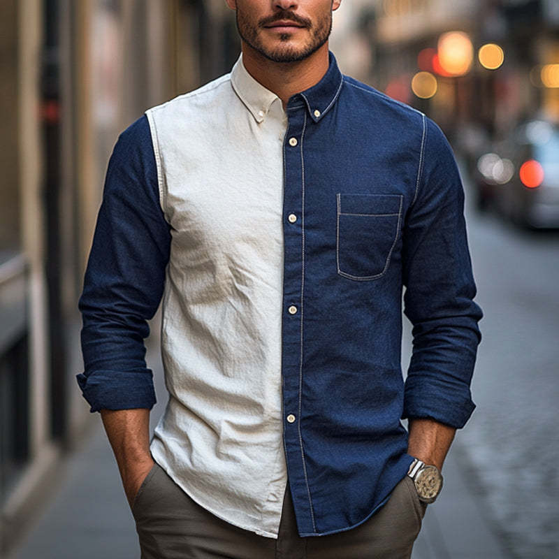 Camisa de algodón y lino con costuras en contraste para hombre, primavera y otoño