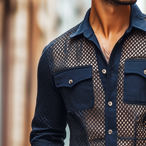 Men's Retro Casual Solid Color Mesh Fabric Splicing Lapel Long Sleeve Shirt