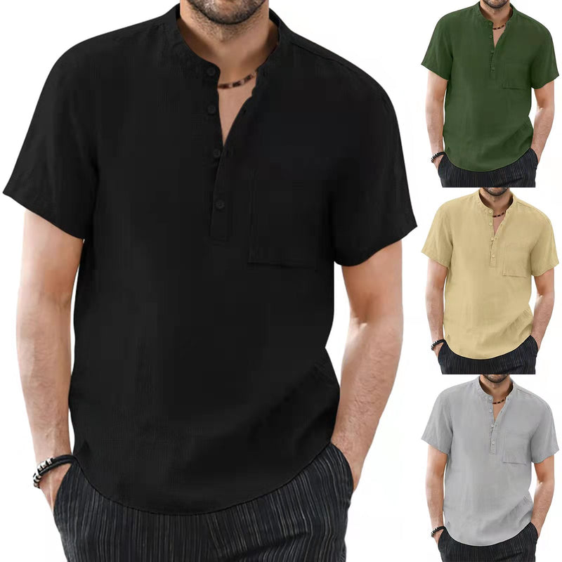 MEN'S STANDING COLLAR COTTON LINEN SHORT SLEEVED SOLID COLOR SHIRT