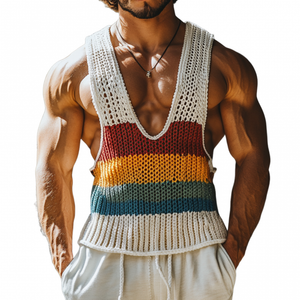 Men's Casual Deep U Neck Contrast Striped Soft Knit Tank Top