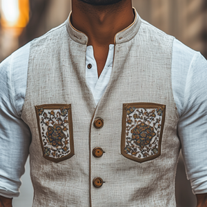 Men's Spring Fashion Retro Stand Collar Embroidered Ramie Slim Vest