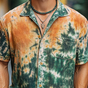 Camisa casual de manga corta con efecto tie-dye en naranja y verde para hombre