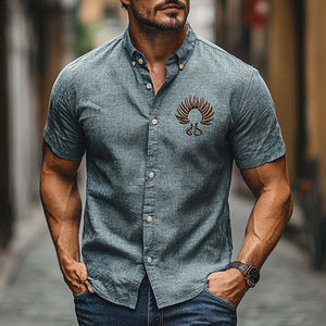 Camisa de manga corta bordada de algodón y lino para hombre